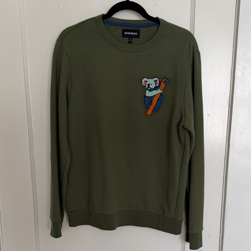Bonobos Olive Green Crewneck Sweater with Koala Embroidery